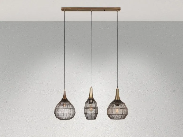 LED Pendelleuchte 3-flammig mit Drahtgeflecht Altmessing, Breite 86cm