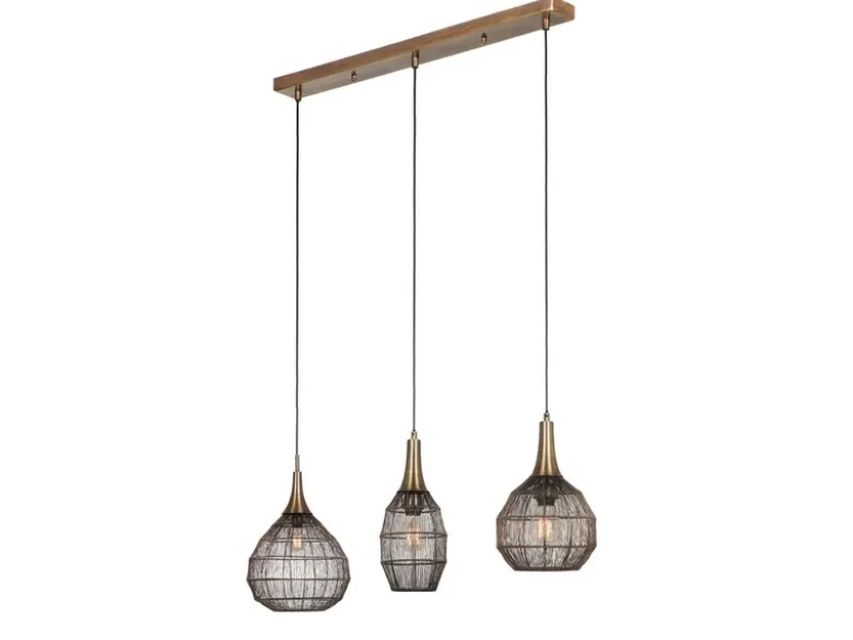 LED Pendelleuchte 3-flammig mit Drahtgeflecht Altmessing, Breite 86cm