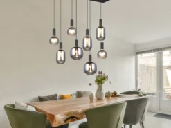 LED Pendelleuchte 8-flammig mit Glasschirmen Chrom bedampft, Breite 120cm
