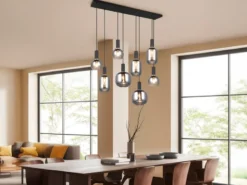 LED Pendelleuchte 8-flammig mit Glasschirmen Chrom bedampft, Breite 120cm