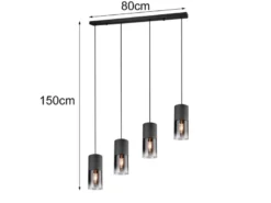 LED Pendelleuchte 4-flammig mit Rauchglas & Metall Schwarz, Breite 80cm