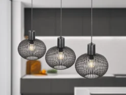 LED Pendelleuchte 3-flammig mit Gitter Lampenschirmen Schwarz, Breite 120cm