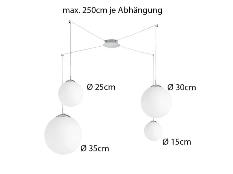 LED Pendelleuchte 4 flammig mit Glaskugeln Opalweiß, Abhängung bis 250cm