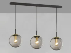 LED Pendelleuchte 3-flammig Rauchglas Schwarz mit Messing, Breite 115cm