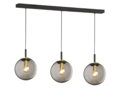 LED Pendelleuchte 3-flammig Rauchglas Schwarz mit Messing, Breite 115cm