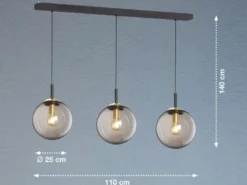 LED Pendelleuchte 3-flammig Rauchglas Schwarz mit Messing, Breite 115cm