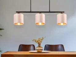 LED Pendelleuchte 3-flammig Samt Lampenschirme Beige Gold, Breite 66cm