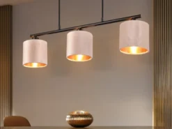 LED Pendelleuchte 3-flammig Samt Lampenschirme Beige Gold, Breite 66cm