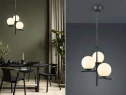 LED Pendelleuchte 3-flammig Schwarz mit Kugel Lampenschirmen Glas Weiß, Ø 40cm