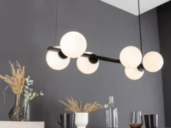 LED Pendelleuchte 6 flammig Schwarz & Opalglas Kugeln Weiß, Breite 80cm