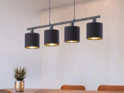 LED Pendelleuchte 4-flammig Stoff Lampenschirme Schwarz/Gold, Breite 75cm