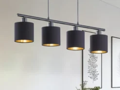 LED Pendelleuchte 4-flammig Stoff Lampenschirme Schwarz/Gold, Breite 75cm