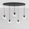 LED Pendelleuchte fünfflammig Kugel Glasschirme transparent Breite 119,5cm