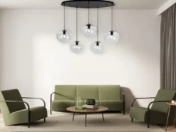 LED Pendelleuchte fünfflammig Kugel Glasschirme transparent Breite 119,5cm