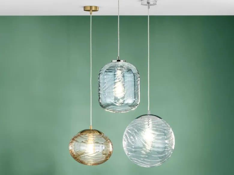 LED Pendelleuchte Glaskugel Wellenmuster in Transparent, Ø 33cm