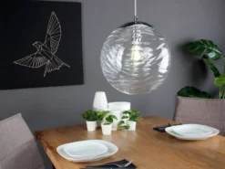LED Pendelleuchte Glaskugel Wellenmuster in Transparent, Ø 33cm