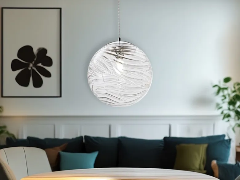 LED Pendelleuchte Glaskugel Wellenmuster in Transparent, Ø 33cm