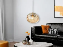 LED Pendelleuchte Glaskugel Wellenmuster Champagner, Ø 24,8cm
