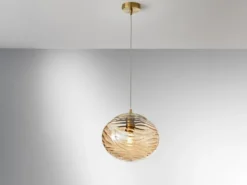 LED Pendelleuchte Glaskugel Wellenmuster Champagner, Ø 24,8cm