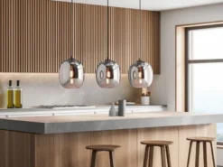 LED Pendelleuchte Industrial 3 flammig mit Rauchglas Glaskugeln - Länge 95cm