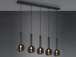 LED Pendelleuchte Industrial 5 flammig mit Rauchglas Kugeln, Breite 115cm