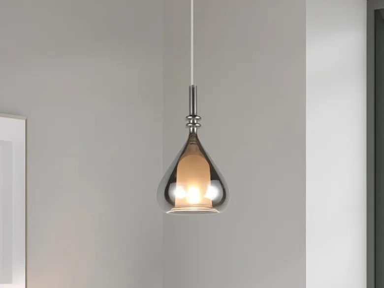 LED Pendelleuchte klein 1-flammig mit Rauchglas Chrom verspiegelt, Ø 16cm