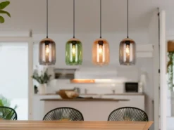 LED Pendelleuchte Lampenschirme bunt aus recyceltem Glas, Breite 90cm