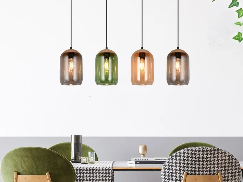 LED Pendelleuchte Lampenschirme bunt aus recyceltem Glas, Breite 90cm