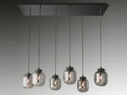 LED Pendelleuchte mehrflammig mit 6 Rauchglas Glaskugeln, Breite 115cm