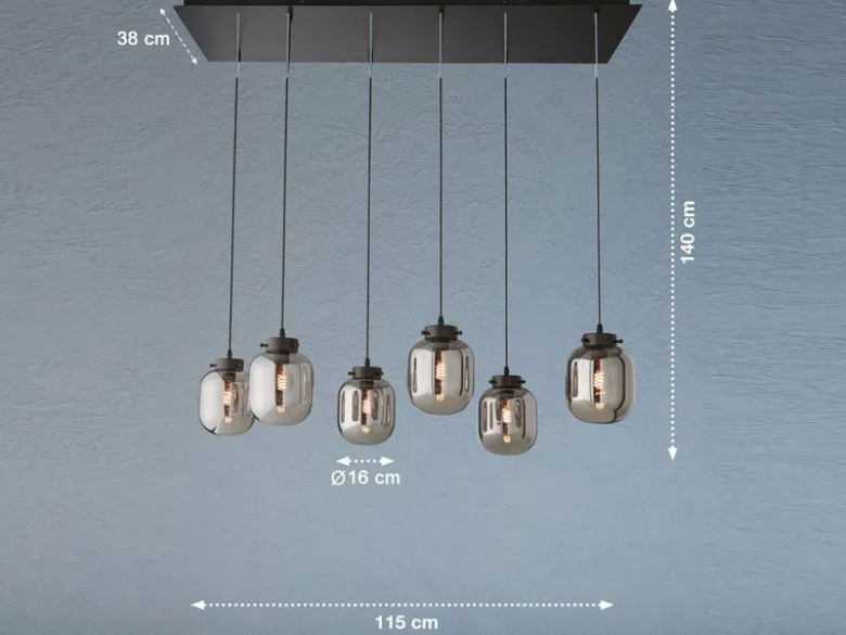 LED Pendelleuchte mehrflammig mit 6 Rauchglas Glaskugeln, Breite 115cm