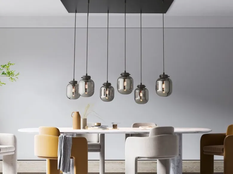 LED Pendelleuchte mehrflammig mit 6 Rauchglas Glaskugeln, Breite 115cm
