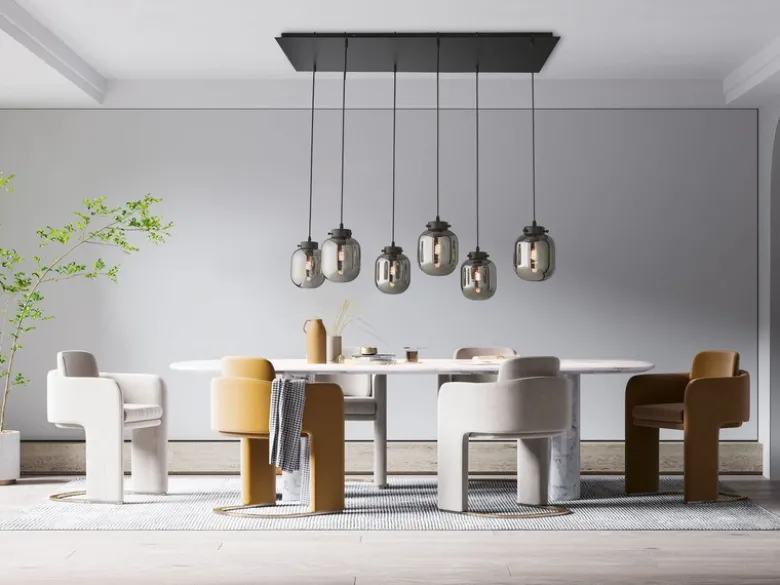 LED Pendelleuchte mehrflammig mit 6 Rauchglas Glaskugeln, Breite 115cm