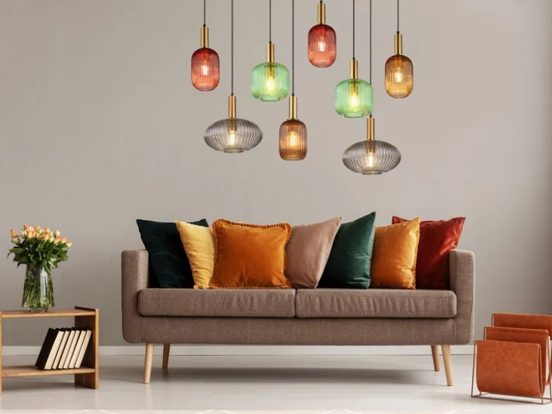 LED Pendelleuchte mehrflammig lang aus Rillenglas Bunt, Breite 125cm