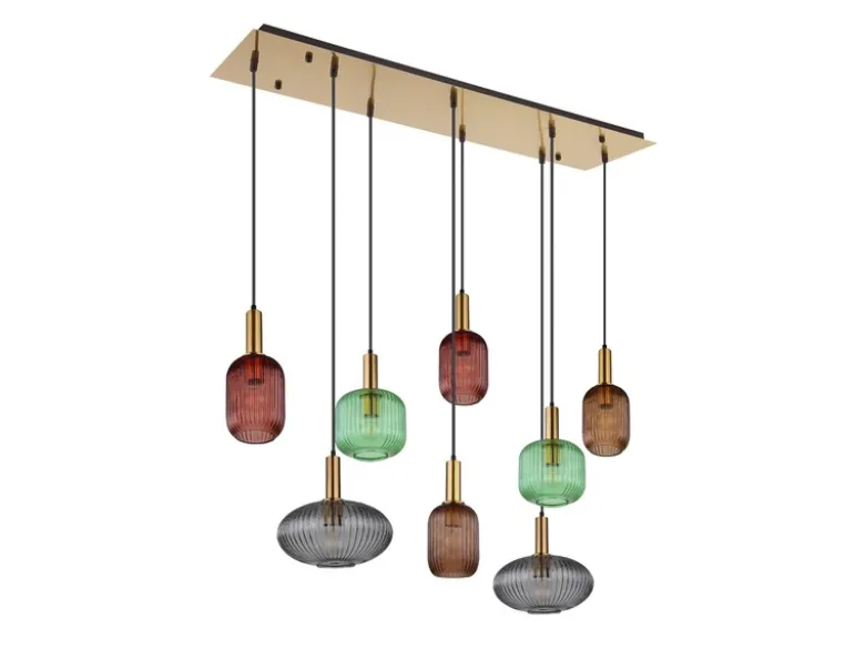 LED Pendelleuchte mehrflammig lang aus Rillenglas Bunt, Breite 125cm