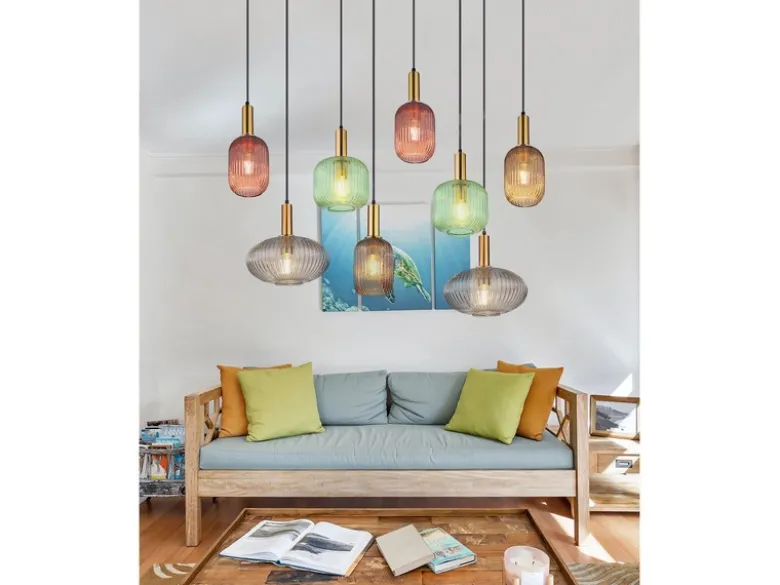LED Pendelleuchte mehrflammig lang aus Rillenglas Bunt, Breite 125cm