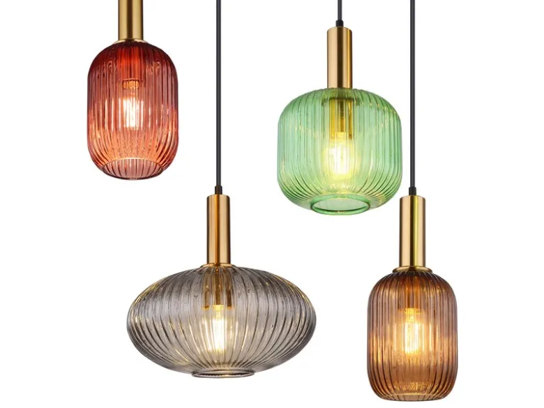 LED Pendelleuchte mehrflammig lang aus Rillenglas Bunt, Breite 125cm