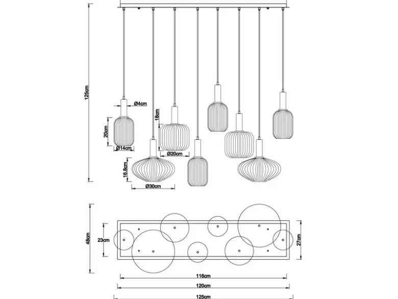 LED Pendelleuchte mehrflammig lang aus Rillenglas Bunt, Breite 125cm