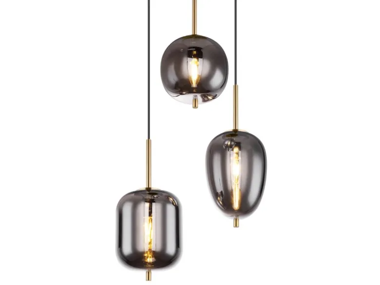 LED Pendelleuchte Metall Messing mit 3 Rauchglaskugeln, Ø 46cm