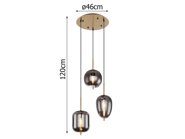 LED Pendelleuchte Metall Messing mit 3 Rauchglaskugeln, Ø 46cm