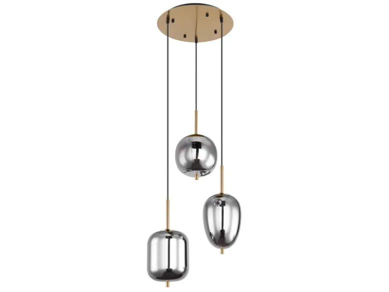 LED Pendelleuchte Metall Messing mit 3 Rauchglaskugeln, Ø 46cm