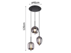 LED Pendelleuchte Metall Schwarz mit 3 Rauchglaskugeln, Ø 46cm