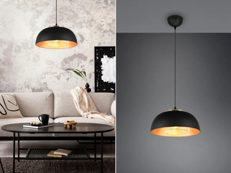 LED Pendelleuchte Metall Schwarz Gold mit Drahtgeflecht, Ø 35cm