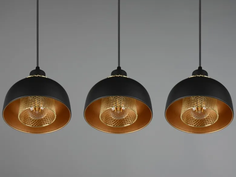 LED Pendelleuchte Metall Schwarz Gold mit Drahtgeflecht, Breite 68cm