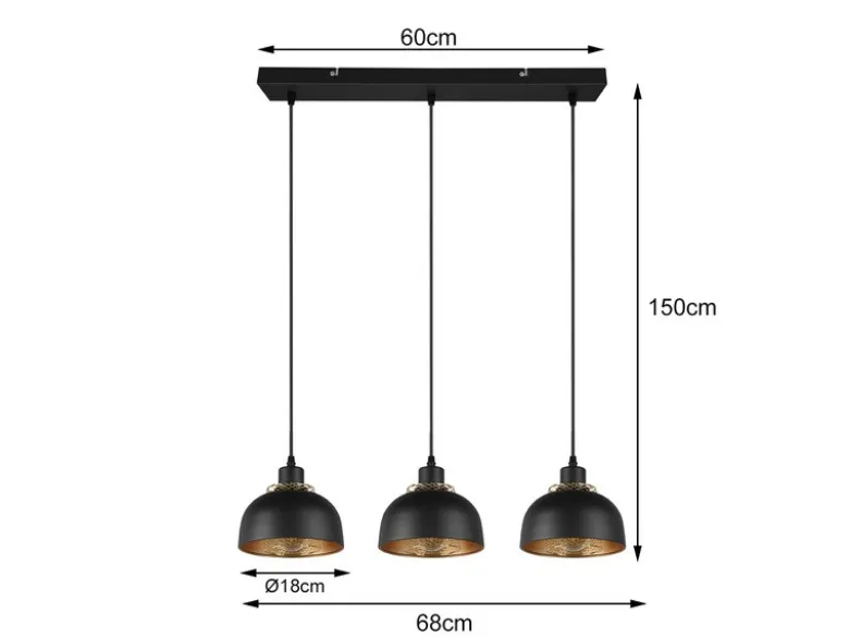 LED Pendelleuchte Metall Schwarz Gold mit Drahtgeflecht, Breite 68cm