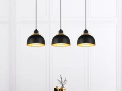 LED Pendelleuchte Metall Schwarz Gold mit Drahtgeflecht, Breite 68cm