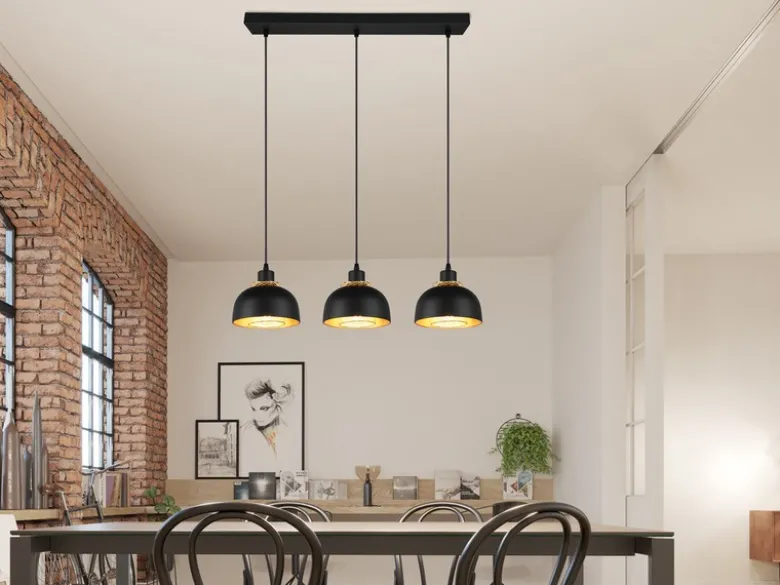 LED Pendelleuchte Metall Schwarz Gold mit Drahtgeflecht, Breite 68cm