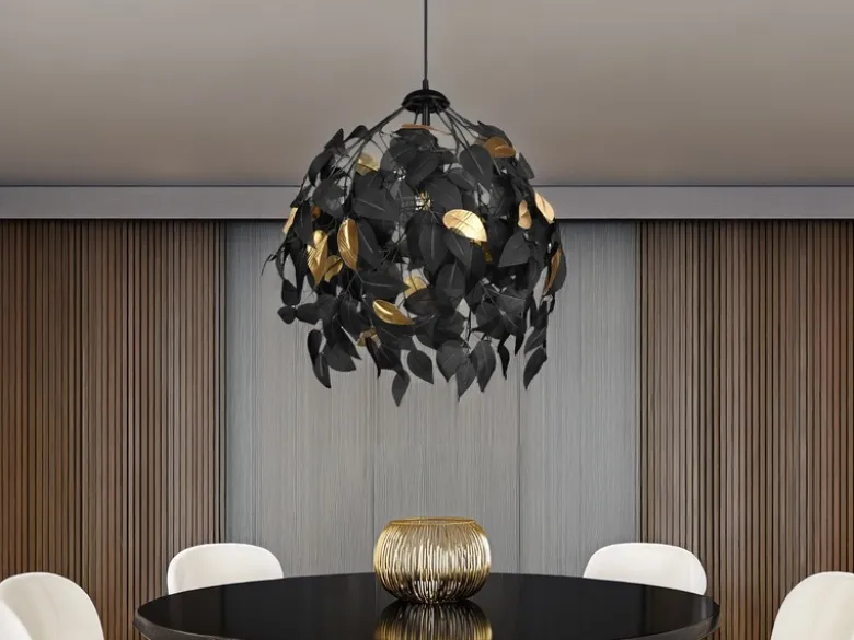 LED Pendelleuchte mit Blätter Lampenschirm Schwarz Gold, Ø 38cm