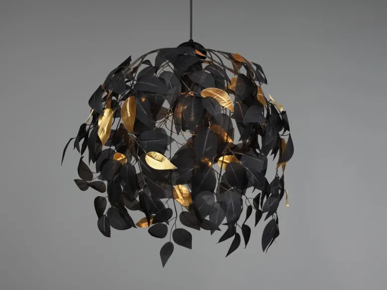 LED Pendelleuchte mit Blätter Lampenschirm Schwarz Gold, Ø 38cm