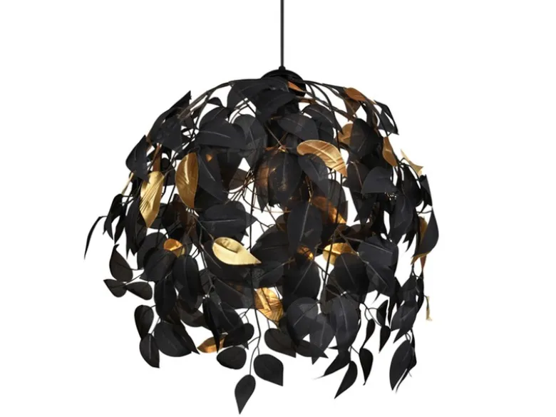 LED Pendelleuchte mit Blätter Lampenschirm Schwarz Gold, Ø 38cm