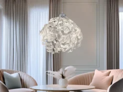 LED Pendelleuchte mit Blätter Lampenschirm in Weiß, Ø 38cm